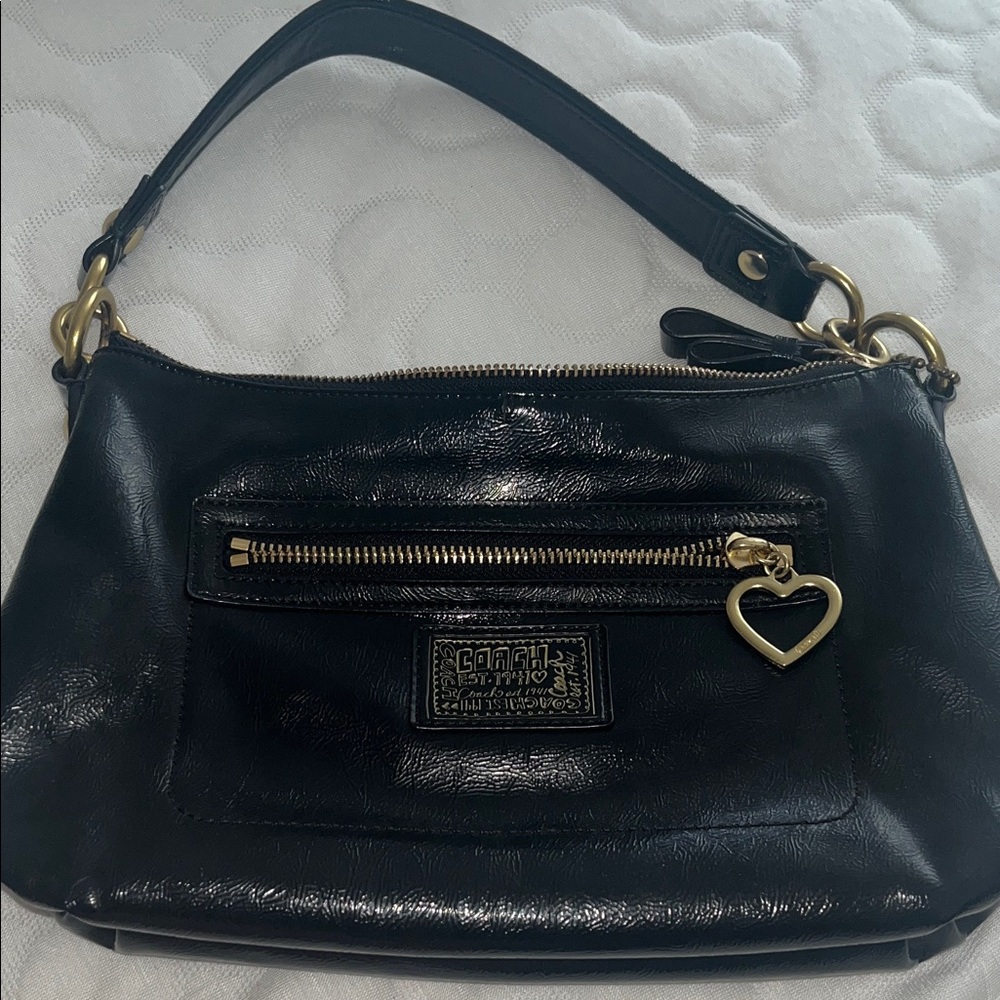 Coach Black Leather Shoulder Bag with Gold Accents